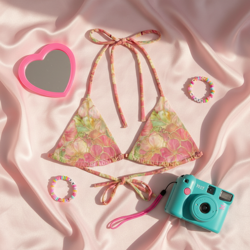 Floral bikini flat lay y2k vibe